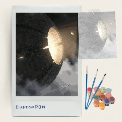 Megastructure spaceship paint by numbers kit with canvas, three brushes, paints and reference sheet