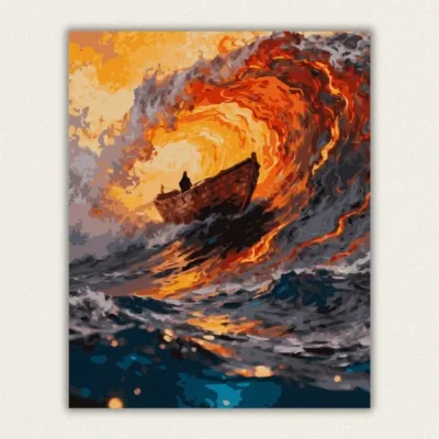 Wooden rowboat riding a spiral of fire and gold paint by numbers finished canvas