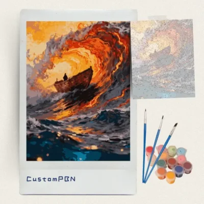 Rowboat in a spiral of fire paint by numbers kit with brushes, paints and numbered canvas