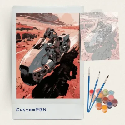 Sci-fi desert speeder paint by numbers kit with canvas, three brushes, paints and reference sheet