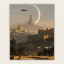 Golden domed city under a huge white ring at sunset with a flying craft paint by numbers finished canvas