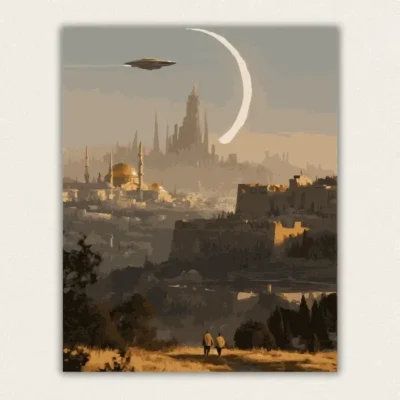 Golden domed city under a huge white ring at sunset with a flying craft paint by numbers finished canvas