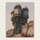Giant cylindrical sci-fi towers on a concrete sea wall above a pink desert paint by numbers finished canvas
