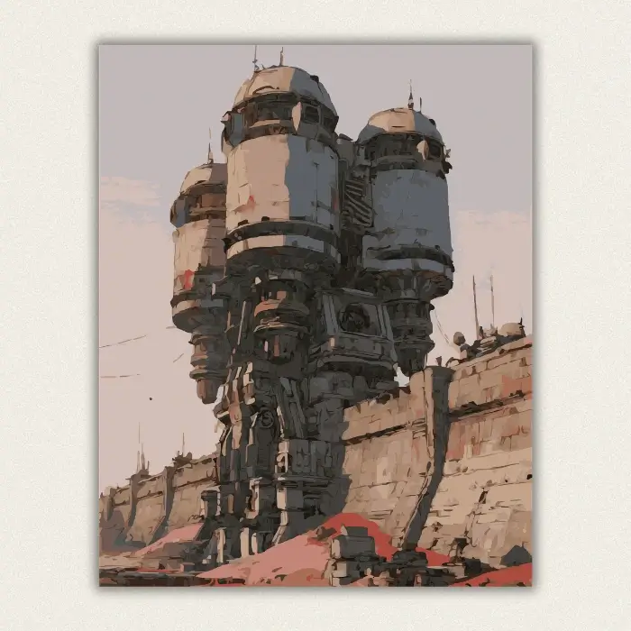 Giant cylindrical sci-fi towers on a concrete sea wall above a pink desert paint by numbers finished canvas