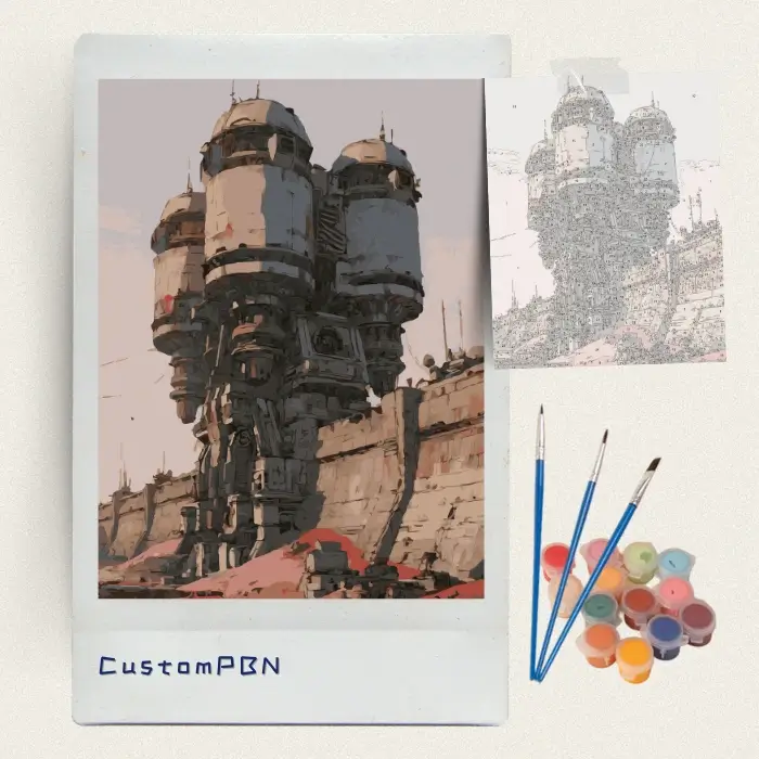 Sci-fi ruins towers paint by numbers kit with canvas, three brushes, paints and reference sheet