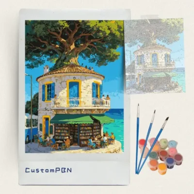 Seaside bookshop paint by numbers kit with canvas, three brushes, paints and reference sheet