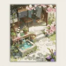 Serene garden courtyard with water fountain paint by numbers kit for adults, made in USA with fast shipping.