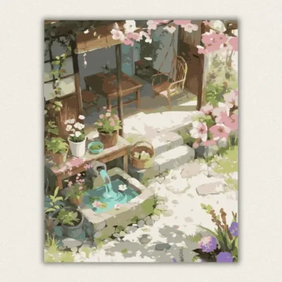 Serene garden courtyard with water fountain paint by numbers kit for adults, made in USA with fast shipping.