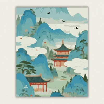 Serene oriental mountain pavilion paint by numbers kit for adults, proudly made in USA with fast shipping.
