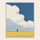Shepherd leading a line of sheep across a golden field under a big cloud paint by numbers finished canvas