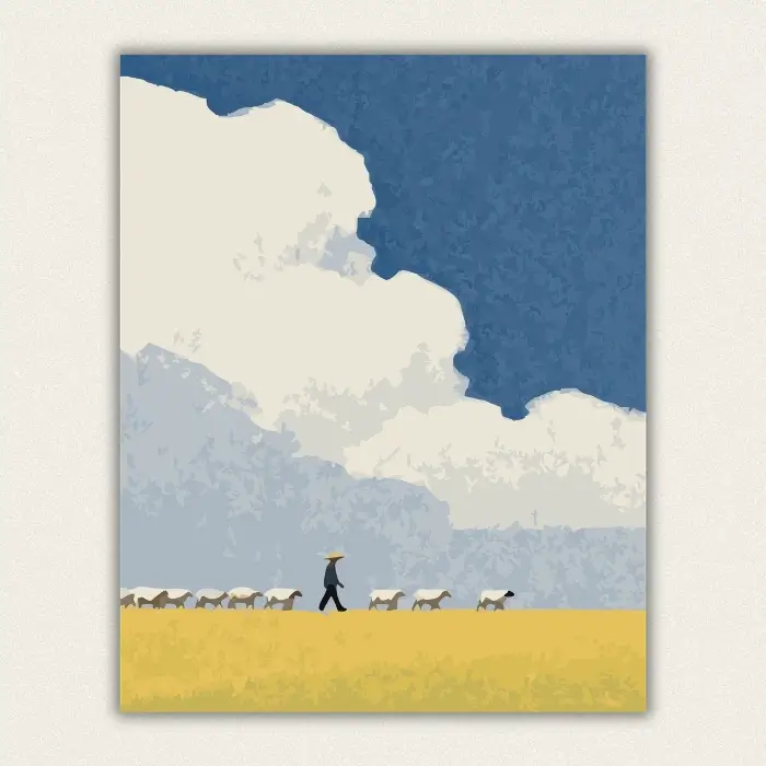 Shepherd leading a line of sheep across a golden field under a big cloud paint by numbers finished canvas