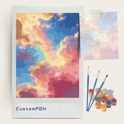 Shimmering sunrise clouds paint by numbers kit with brushes, paints and numbered canvas