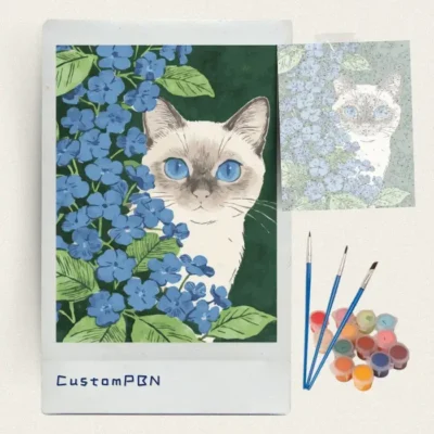 Siamese cat with blue hydrangea paint by numbers kit with brushes and paints