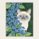 Siamese cat peering through blue hydrangea paint by numbers finished canvas