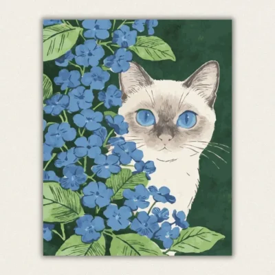 Siamese cat peering through blue hydrangea paint by numbers finished canvas
