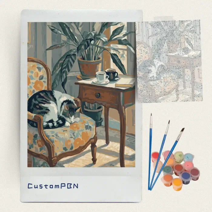 Sleeping cat interior paint by numbers kit with canvas, three brushes, paints and reference sheet