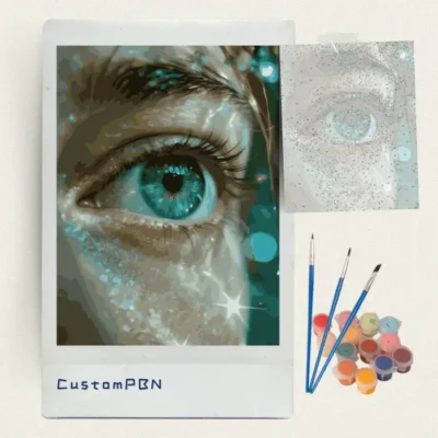 Sparkling emerald eye paint by numbers kit with brushes, paints and numbered canvas