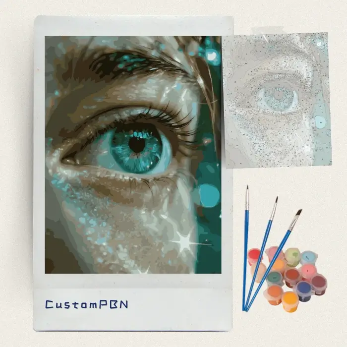 Sparkling emerald eye paint by numbers kit with brushes, paints and numbered canvas