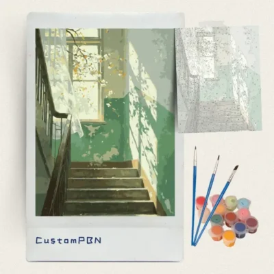 Sunlit staircase paint by numbers kit with canvas, three brushes, paints and reference sheet