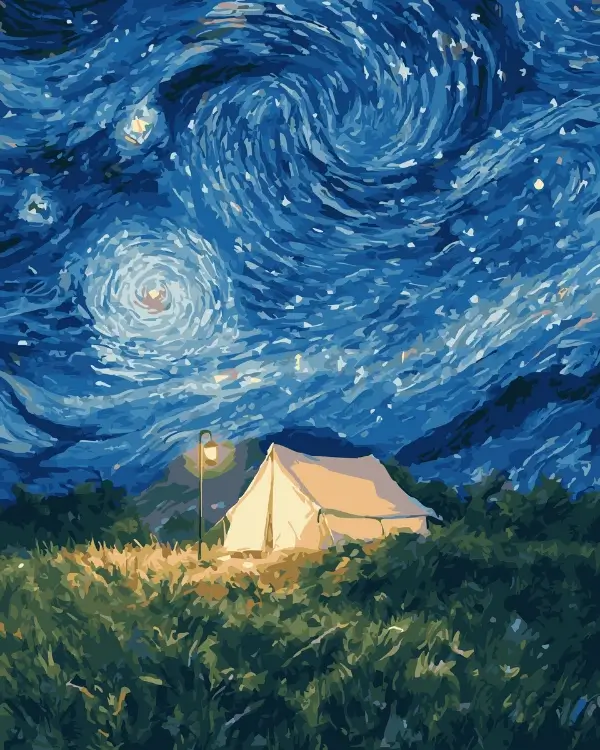 DIY paint by numbers kit of a glowing tent under a swirling starry night sky, inspired by Van Gogh's style.