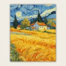 Swirling starry night sky over a wheat field with a red roof farmhouse and cypress trees paint by numbers finished canvas