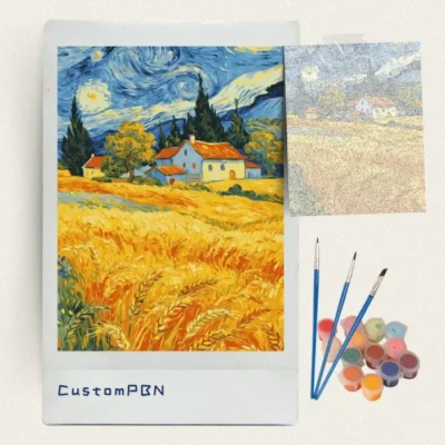 Starry night wheat field paint by numbers kit with canvas, three brushes, paints and reference sheet