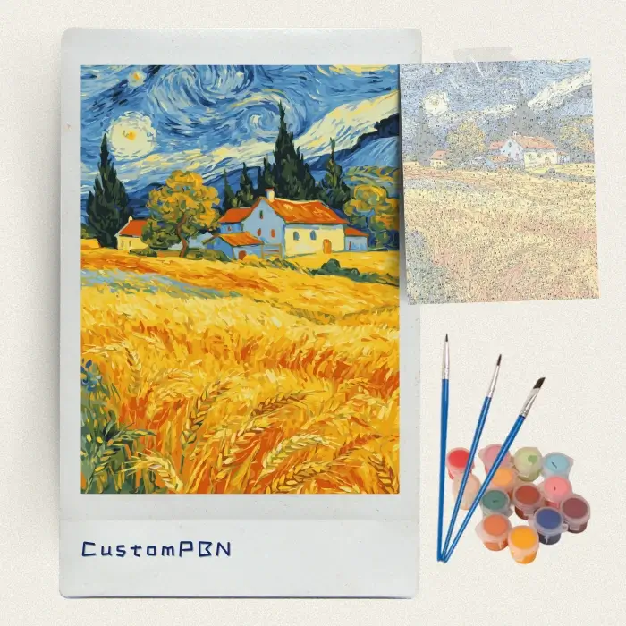 Starry night wheat field paint by numbers kit with canvas, three brushes, paints and reference sheet