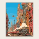 Colorful steampunk fantasy city with steam train and flying airships paint by numbers finished canvas