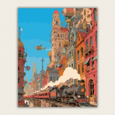 Colorful steampunk fantasy city with steam train and flying airships paint by numbers finished canvas