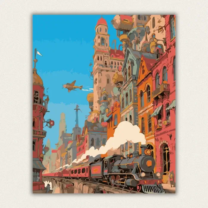 Colorful steampunk fantasy city with steam train and flying airships paint by numbers finished canvas