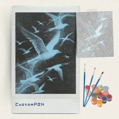 Stippled seagulls paint by numbers kit with canvas, three brushes, paints and reference sheet