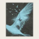 Pale blue stippled swan with a flock of birds and geometric shapes on charcoal paint by numbers finished canvas