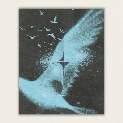Pale blue stippled swan with a flock of birds and geometric shapes on charcoal paint by numbers finished canvas