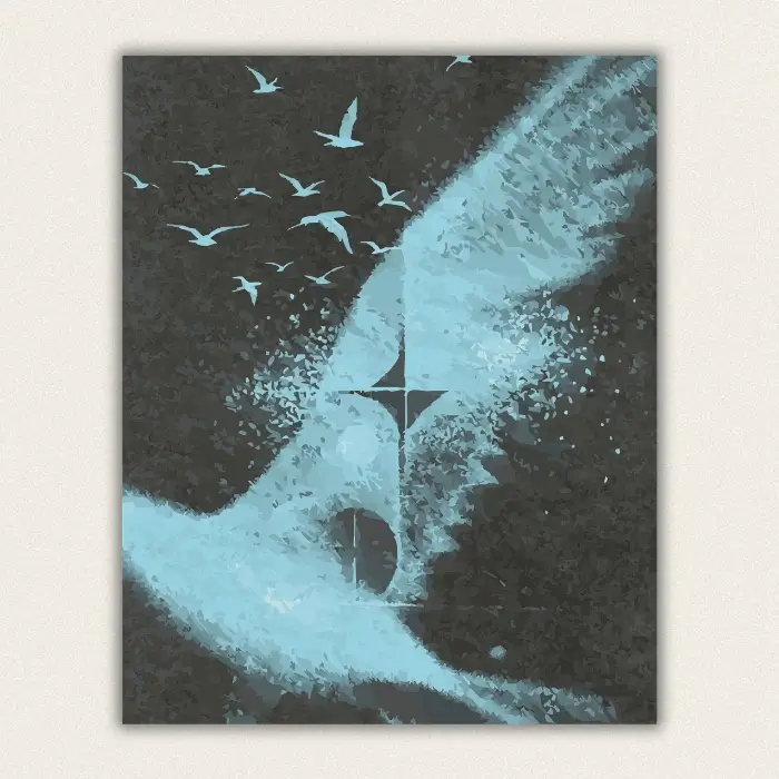 Pale blue stippled swan with a flock of birds and geometric shapes on charcoal paint by numbers finished canvas