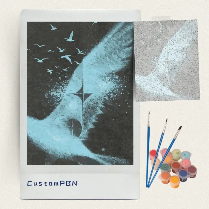 Stippled swan paint by numbers kit with canvas, three brushes, paints and reference sheet