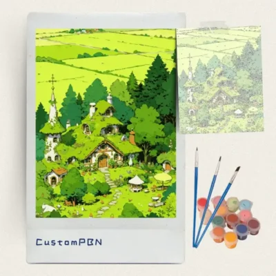 Storybook cottage paint by numbers kit with canvas, three brushes, paints and reference sheet