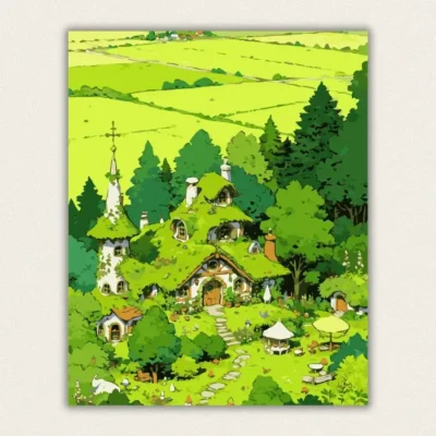 Storybook cottage with a grass covered roof and a flower filled garden paint by numbers finished canvas