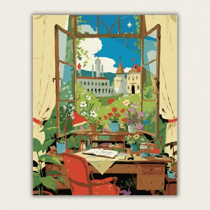 Study desk by an open window with a castle view paint by numbers finished canvas