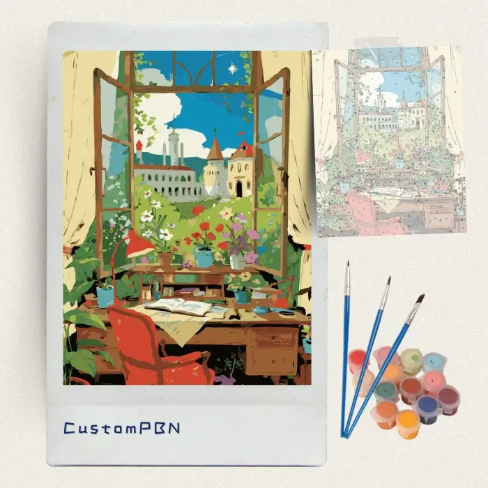 Study desk with a castle window view paint by numbers kit with brushes and paints
