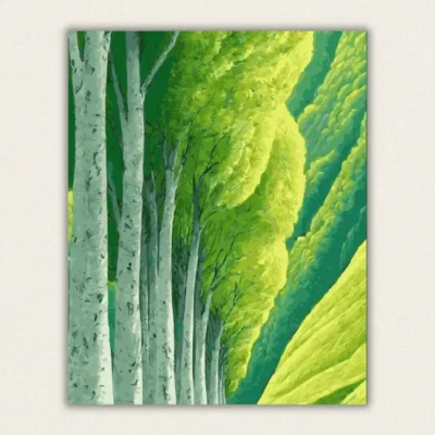 Stylized view of white birch trunks against huge rolling green hills paint by numbers finished canvas