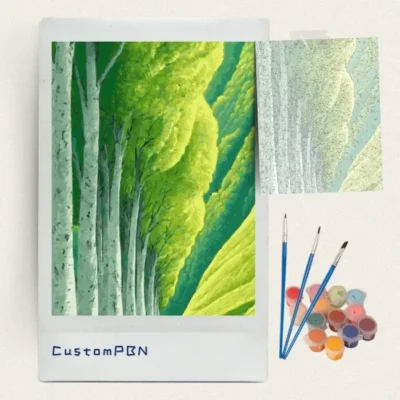 Stylized birch trees and green hillside paint by numbers kit with canvas, three brushes, paints and reference sheet