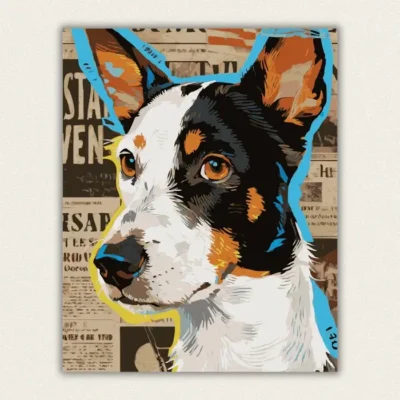 Stylized dog portrait with a bright blue outline on a vintage newspaper collage paint by numbers finished canvas