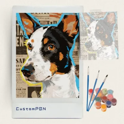 Stylized dog portrait paint by numbers kit with canvas, three brushes, paints and reference sheet