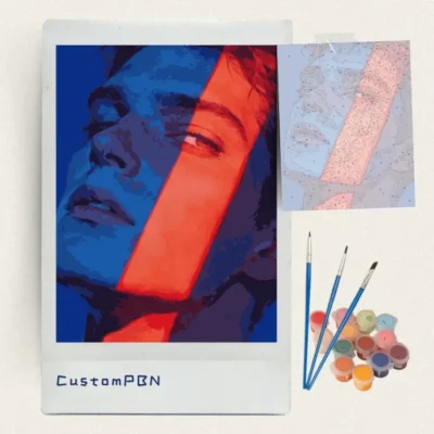 Stylized portrait with orange light band paint by numbers kit with canvas, three brushes, paints and reference sheet