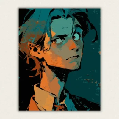 Stylized portrait painted with strong teal and orange lighting paint by numbers finished canvas