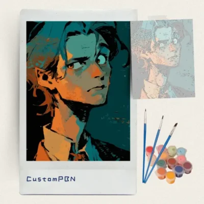 Teal and orange portrait paint by numbers kit with canvas, three brushes, paints and reference sheet