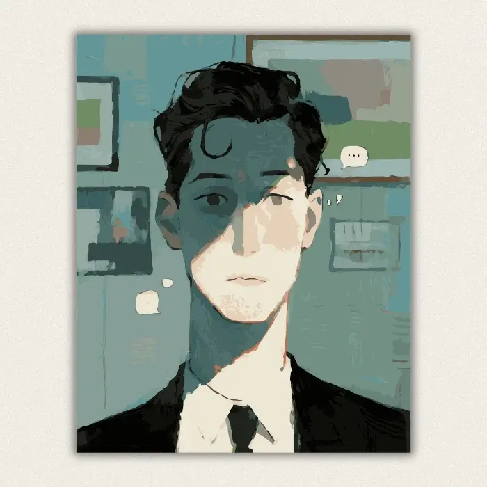 Stylized portrait of a young man in a suit lit by strong window shadows paint by numbers finished canvas