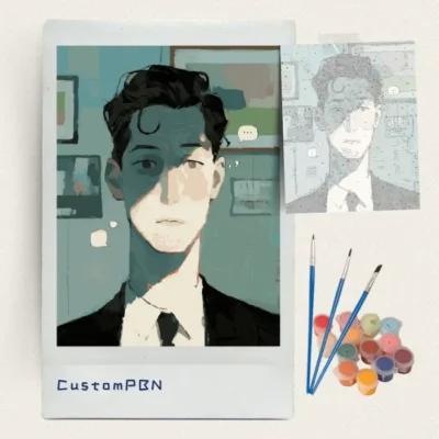 Stylized young man in a suit paint by numbers kit with canvas, three brushes, paints and reference sheet
