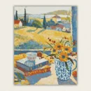 Sunflowers on a windowsill above golden fields paint by numbers finished canvas