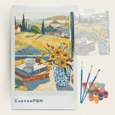 Sunflowers on a windowsill paint by numbers kit with brushes, paints and canvas